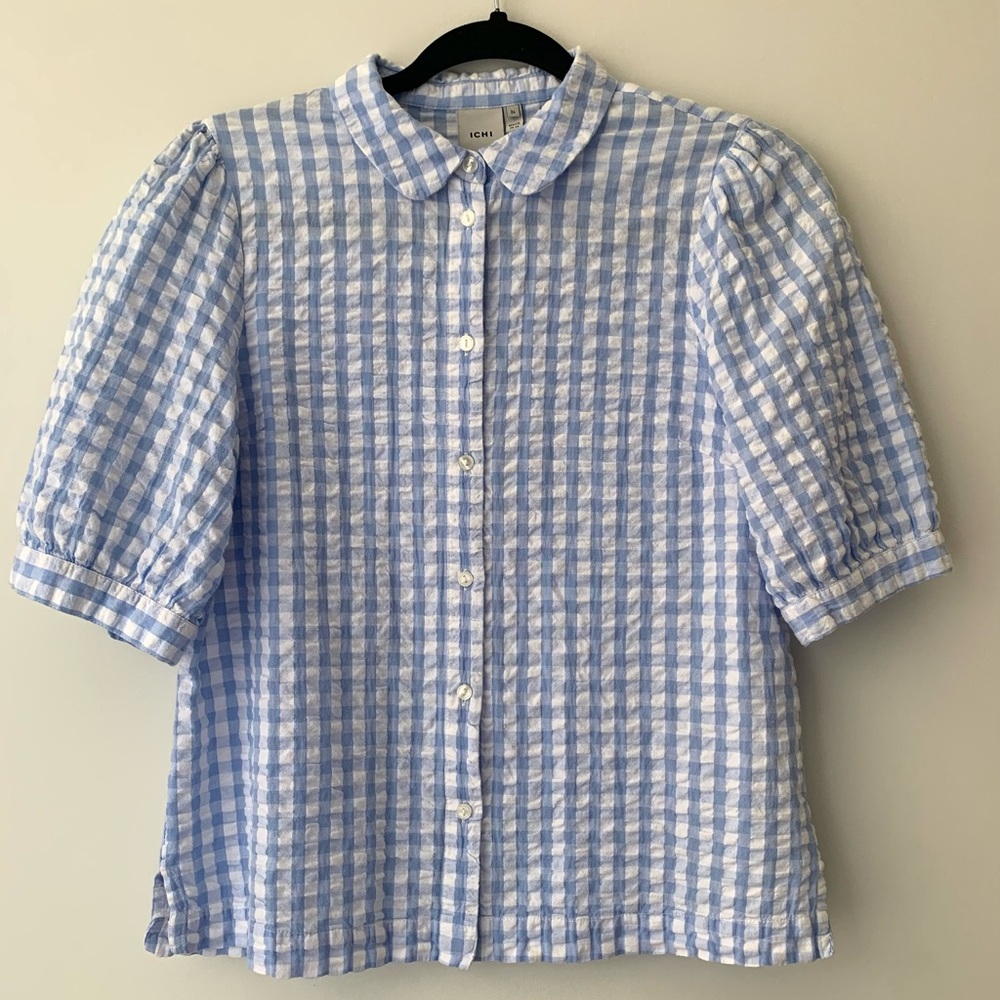 ICHI Light Blue Gingham Puff-Sleeve Button-Up Blouse